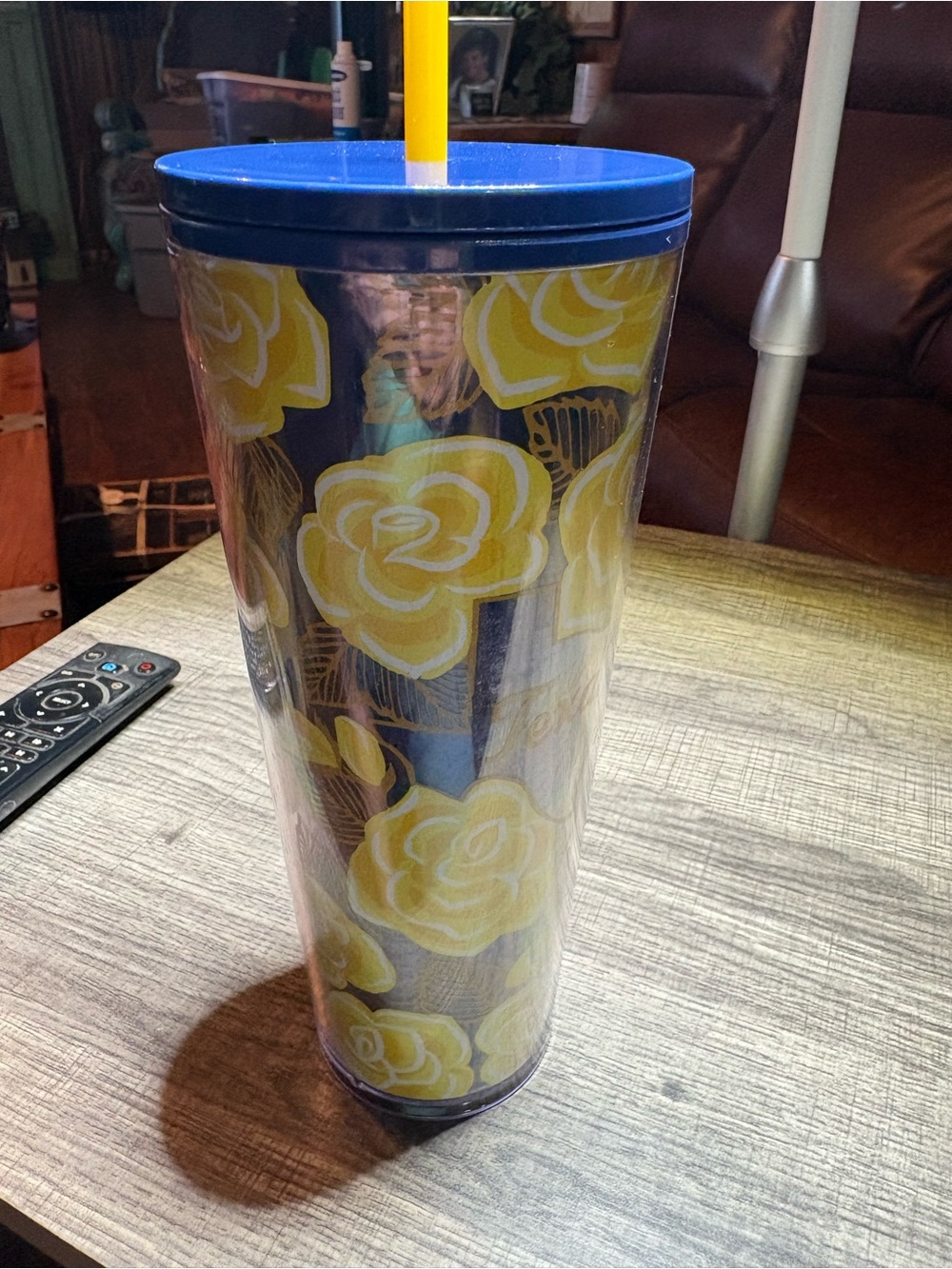 Starbucks Blue Travel Tumbler with Yellow Rose Pattern